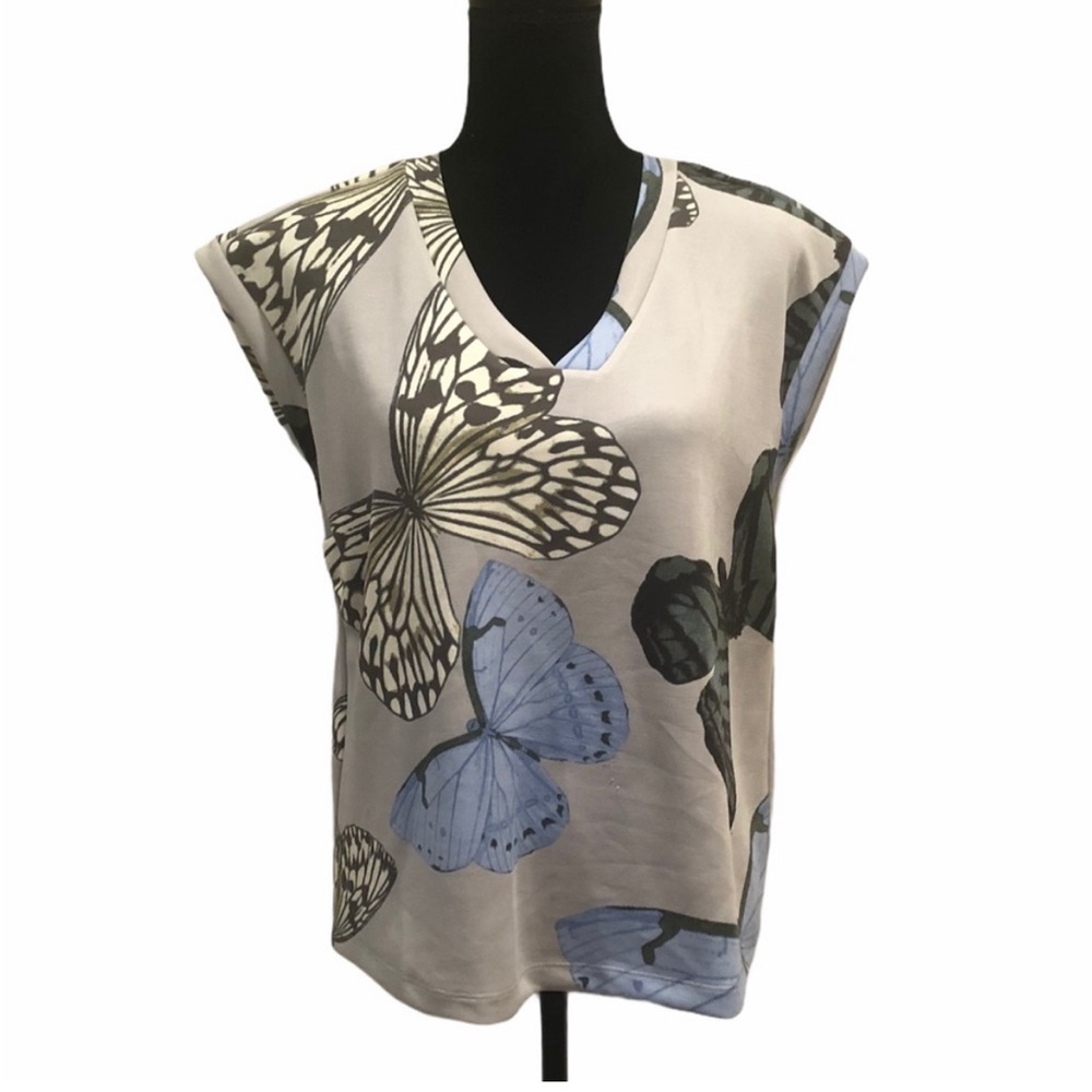 Cable & Gauge pull over cap sleeve v neck soft butterfly print casual top medium